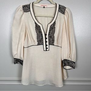 Rebecca Taylor Size 12 Cream Silk Lace Trim 3/4 Sleeve Blouse Women's Top Floral
